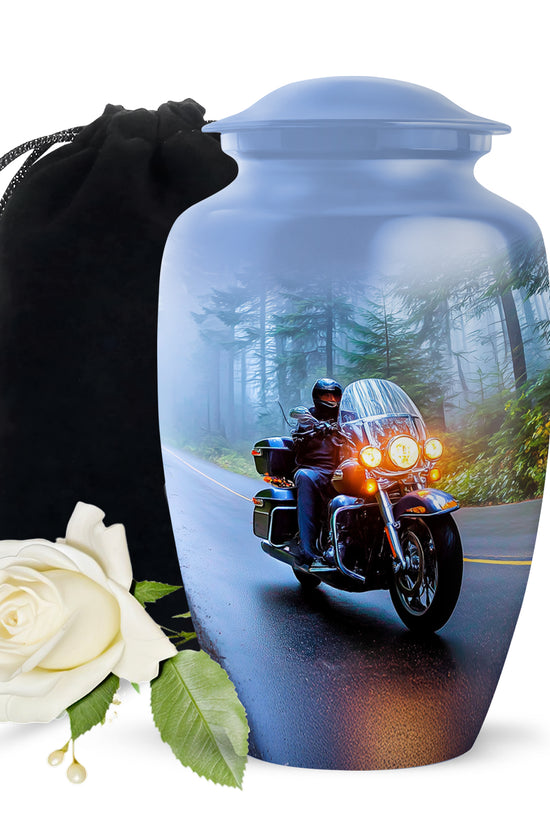 Slate Blue Bike Cremation Urn angled view of lid and engraved motif - classic sculpted bike pattern on smooth aluminum - full-size 10 inch 200 cubic inch adult cremation urn