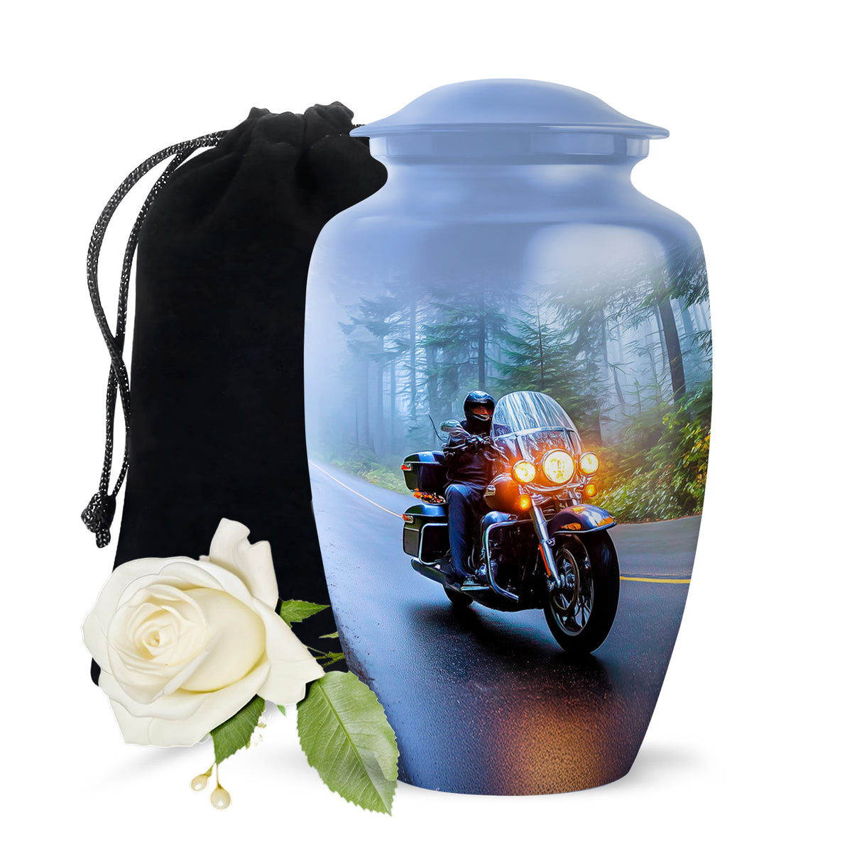 Slate Blue Bike Cremation Urn angled view of lid and engraved motif - classic sculpted bike pattern on smooth aluminum - full-size 10 inch 200 cubic inch adult cremation urn