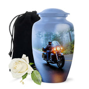 Slate Blue Bike Cremation Urn angled view of lid and engraved motif - classic sculpted bike pattern on smooth aluminum - full-size 10 inch 200 cubic inch adult cremation urn