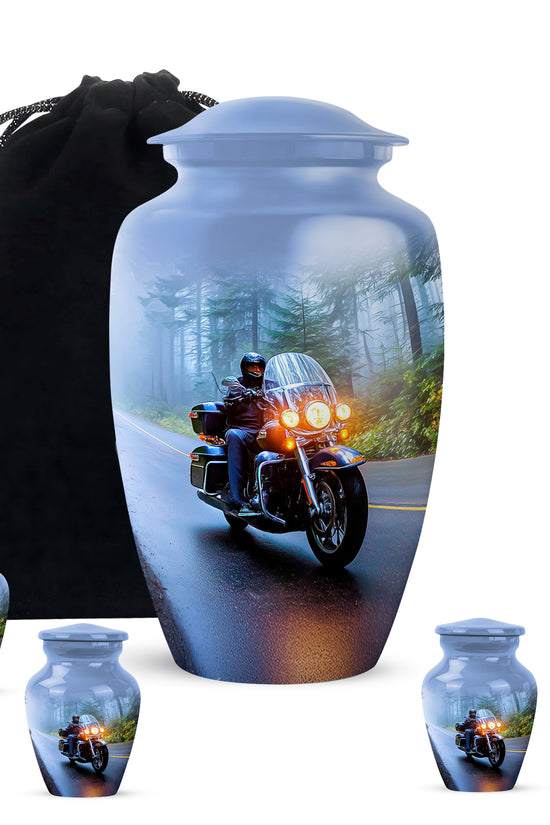 Powder Blue Bike Cremation Urn top-down view of secure threaded lid - classic sculpted bike pattern on smooth aluminum - memorial set with one large and four small urns