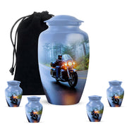 Powder Blue Bike Cremation Urn top-down view of secure threaded lid - classic sculpted bike pattern on smooth aluminum - memorial set with one large and four small urns