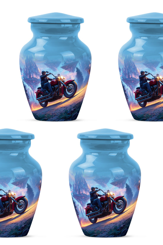 Sapphire Blue Bike Cremation Urn side profile showing urn shape - elegant classic bike relief with fine detailing - 10 inch aluminum urn for cremated remains