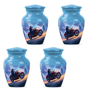 Sapphire Blue Bike Cremation Urn side profile showing urn shape - elegant classic bike relief with fine detailing - 10 inch aluminum urn for cremated remains