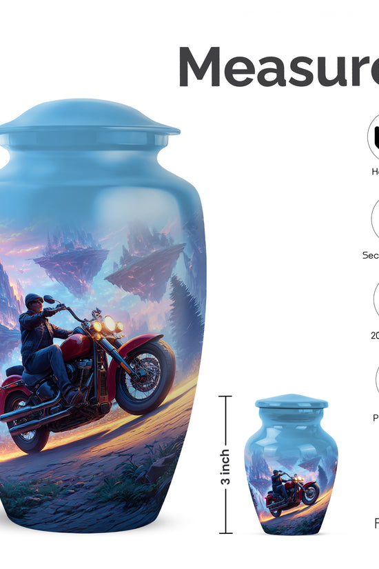 Calming Blue Bike Cremation Urn close-up of engraving and surface detail - traditional bike engraving with hand-polished finish - mini keepsake memorial for portion of cremation ashes