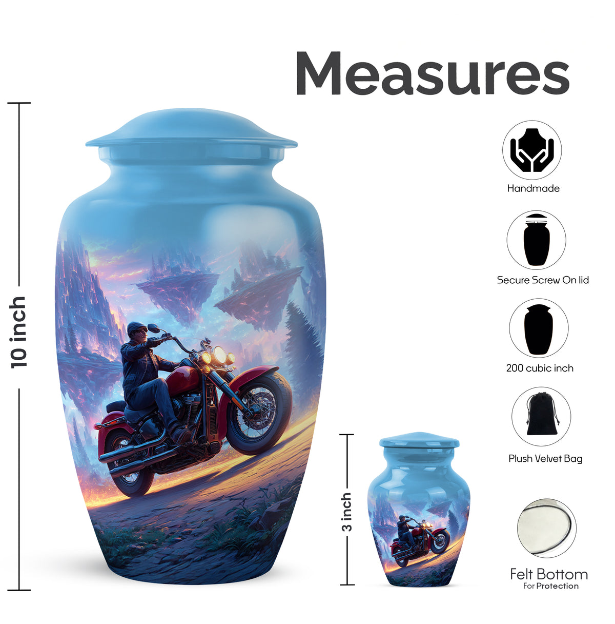 Calming Blue Bike Cremation Urn close-up of engraving and surface detail - traditional bike engraving with hand-polished finish - mini keepsake memorial for portion of cremation ashes