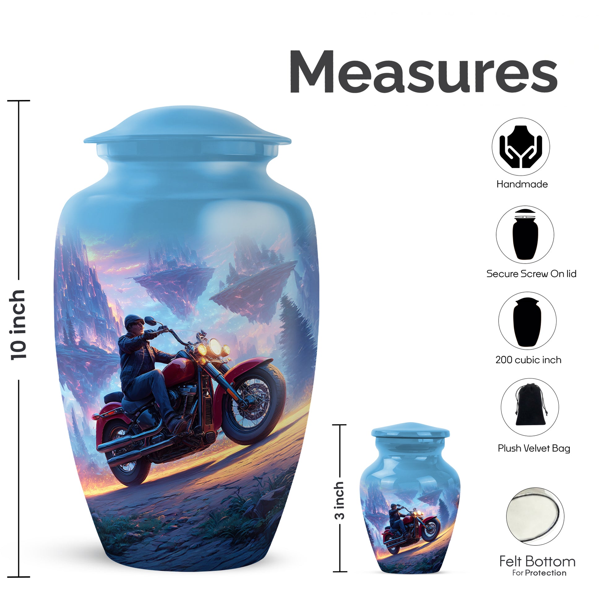 Calming Blue Bike Cremation Urn close-up of engraving and surface detail - traditional bike engraving with hand-polished finish - mini keepsake memorial for portion of cremation ashes