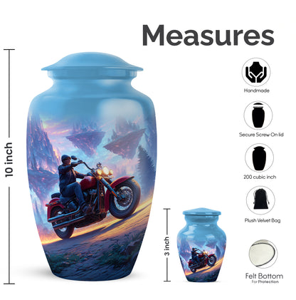 Calming Blue Bike Cremation Urn close-up of engraving and surface detail - traditional bike engraving with hand-polished finish - mini keepsake memorial for portion of cremation ashes