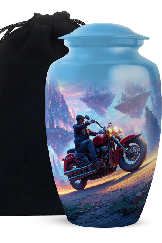 Cornflower Blue Bike Cremation Urn angled view of lid and engraved motif - traditional bike engraving with hand-polished finish - full-size 10 inch 200 cubic inch adult cremation urn