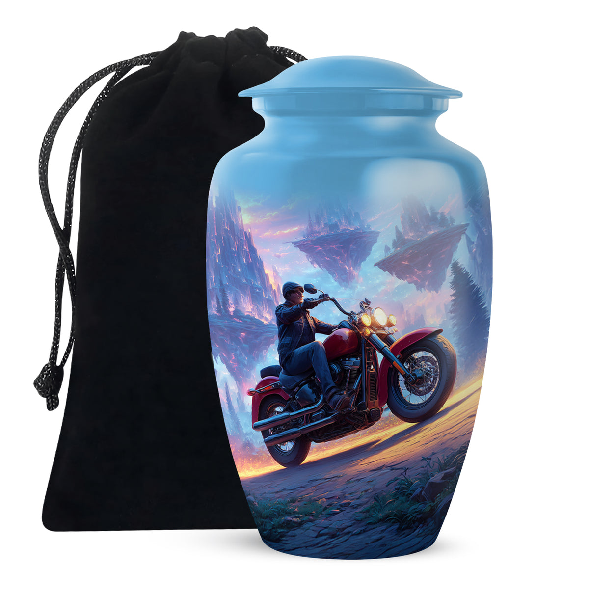Cornflower Blue Bike Cremation Urn angled view of lid and engraved motif - traditional bike engraving with hand-polished finish - full-size 10 inch 200 cubic inch adult cremation urn