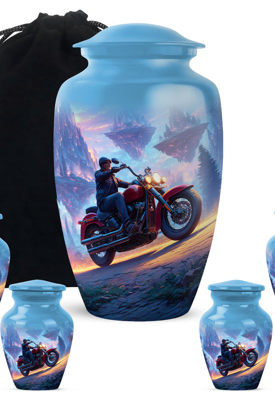 Powder Blue Bike Cremation Urn top-down view of secure threaded lid - timeless bike motif etched into premium metal - memorial set with one large and four small urns