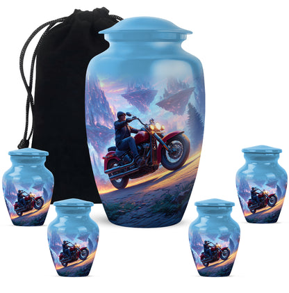 Powder Blue Bike Cremation Urn top-down view of secure threaded lid - timeless bike motif etched into premium metal - memorial set with one large and four small urns