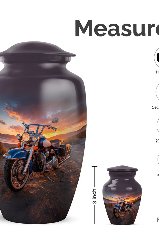 Glossy Black Bike Cremation Urn close-up of engraving and surface detail - classic sculpted bike pattern on smooth aluminum - mini keepsake memorial for portion of cremation ashes