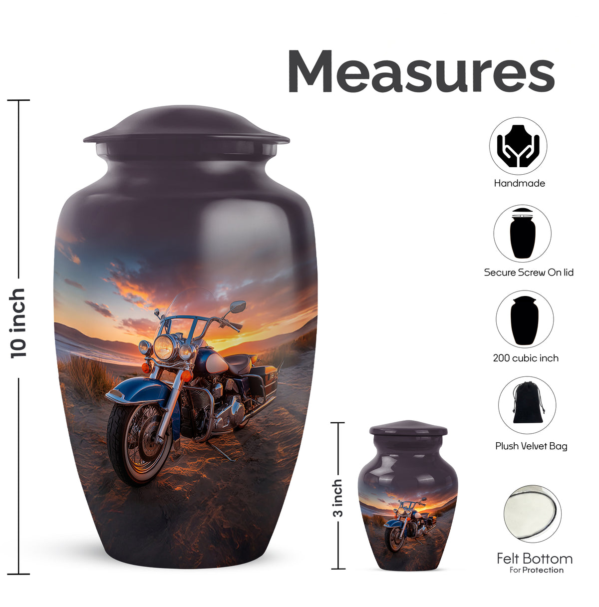 Glossy Black Bike Cremation Urn close-up of engraving and surface detail - classic sculpted bike pattern on smooth aluminum - mini keepsake memorial for portion of cremation ashes