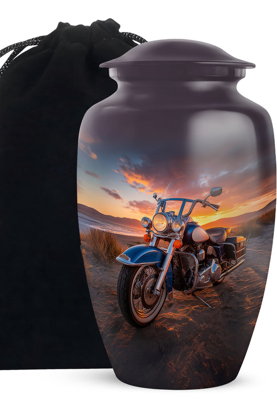 Obsidian Black Bike Cremation Urn angled view of lid and engraved motif - elegant classic bike relief with fine detailing - full-size 10 inch 200 cubic inch adult cremation urn