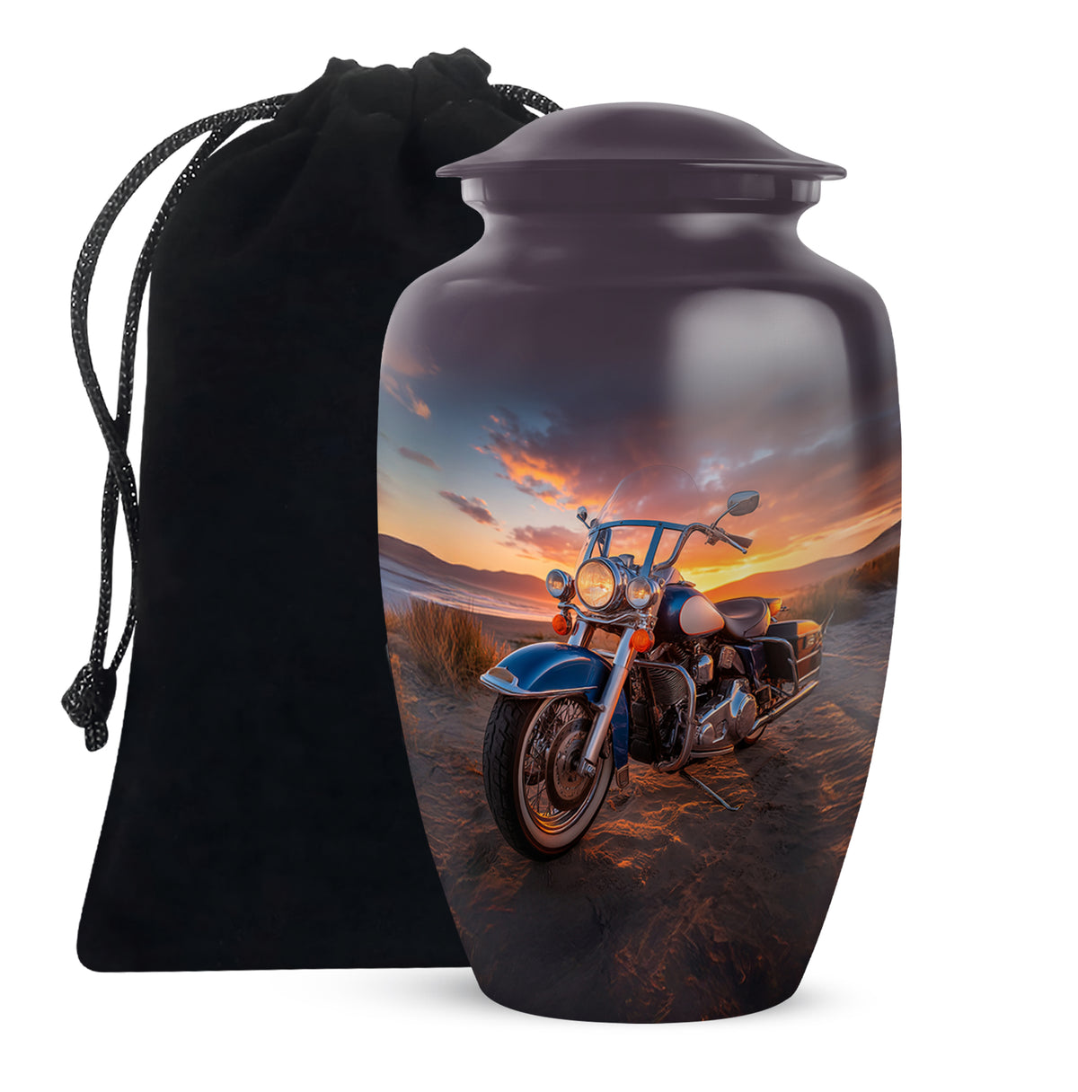 Obsidian Black Bike Cremation Urn angled view of lid and engraved motif - elegant classic bike relief with fine detailing - full-size 10 inch 200 cubic inch adult cremation urn
