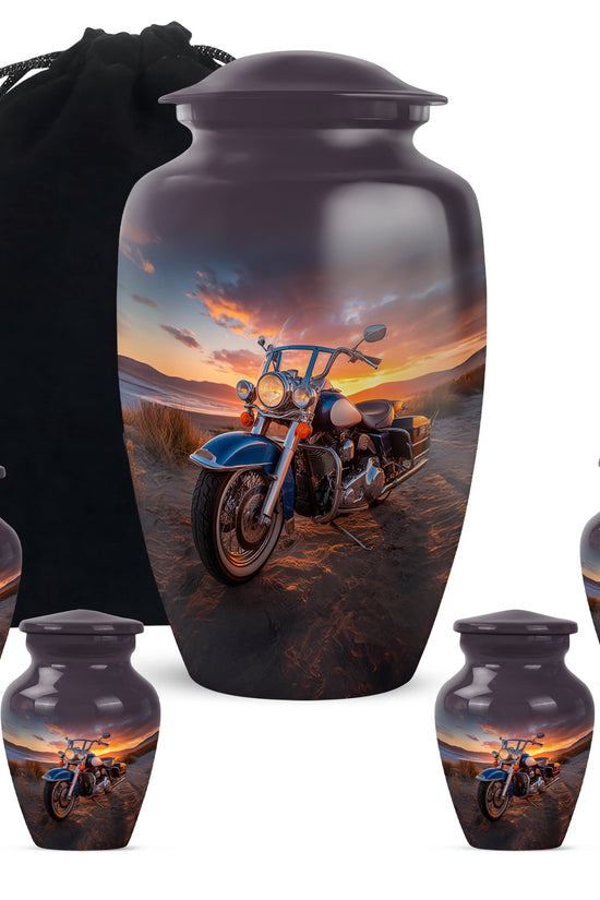 Onyx Black Bike Cremation Urn top-down view of secure threaded lid - elegant classic bike relief with fine detailing - memorial set with one large and four small urns