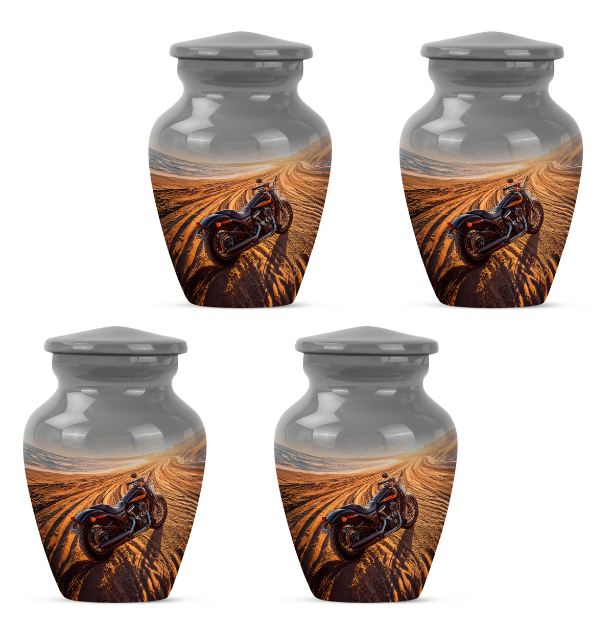 Smoke Gray Bike Cremation Urn side profile showing urn shape - traditional bike engraving with hand-polished finish - 10 inch aluminum urn for cremated remains