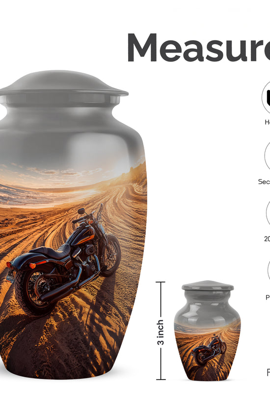 Ash Gray Bike Cremation Urn close-up of engraving and surface detail - elegant classic bike relief with fine detailing - mini keepsake memorial for portion of cremation ashes