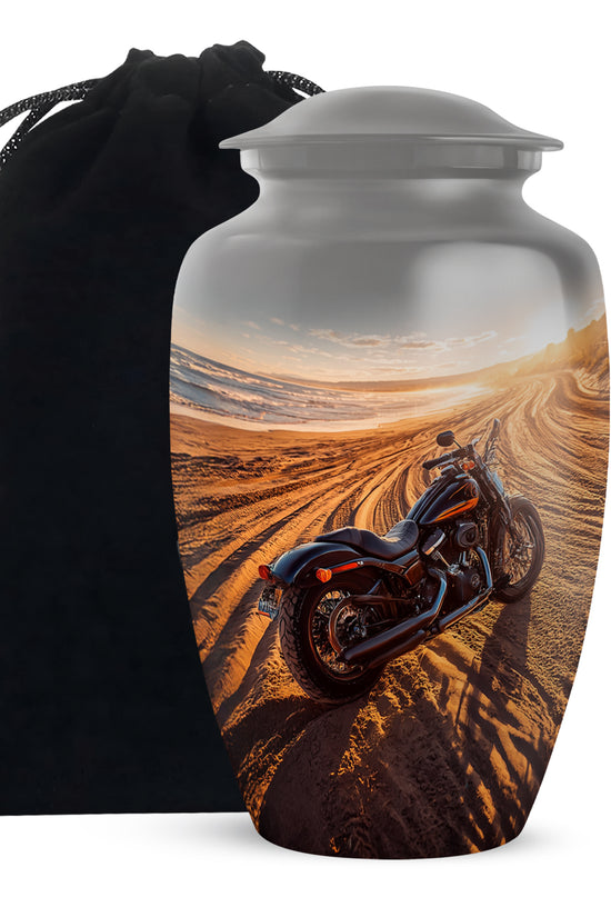 Mist Gray Bike Cremation Urn angled view of lid and engraved motif - timeless bike motif etched into premium metal - full-size 10 inch 200 cubic inch adult cremation urn