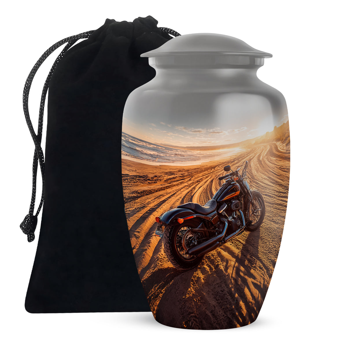 Mist Gray Bike Cremation Urn angled view of lid and engraved motif - timeless bike motif etched into premium metal - full-size 10 inch 200 cubic inch adult cremation urn