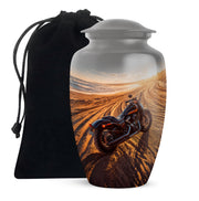 Mist Gray Bike Cremation Urn angled view of lid and engraved motif - timeless bike motif etched into premium metal - full-size 10 inch 200 cubic inch adult cremation urn