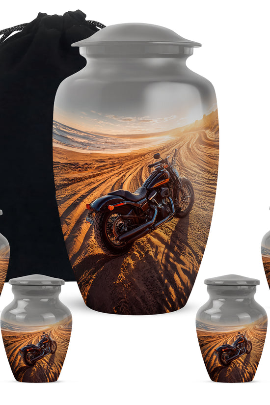 Ash Gray Bike Cremation Urn top-down view of secure threaded lid - elegant classic bike relief with fine detailing - memorial set with one large and four small urns