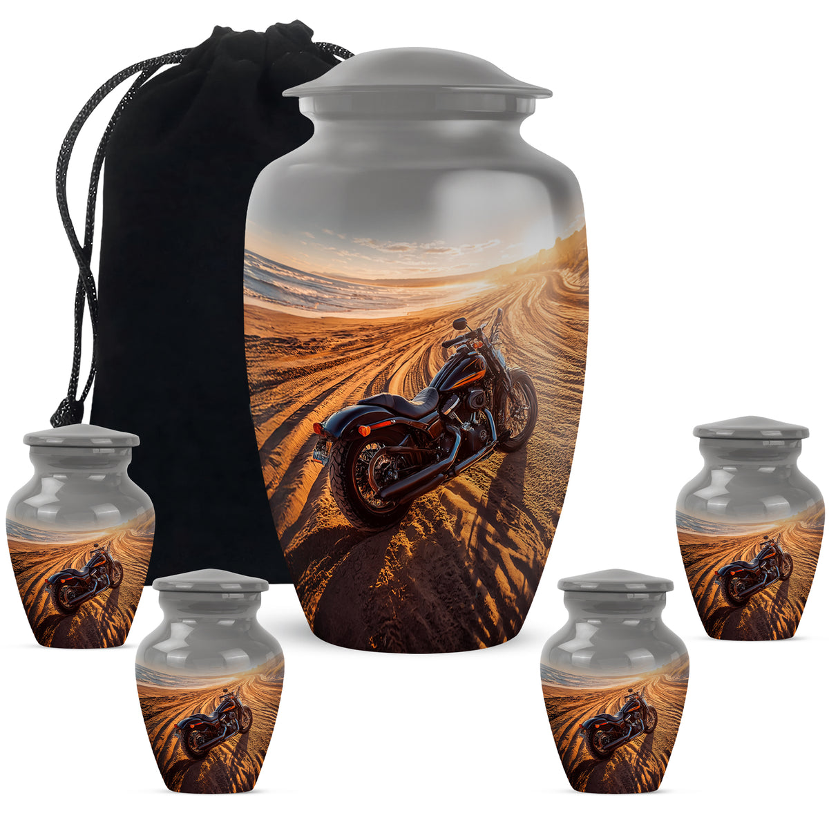 Ash Gray Bike Cremation Urn top-down view of secure threaded lid - elegant classic bike relief with fine detailing - memorial set with one large and four small urns