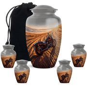 Ash Gray Bike Cremation Urn top-down view of secure threaded lid - elegant classic bike relief with fine detailing - memorial set with one large and four small urns