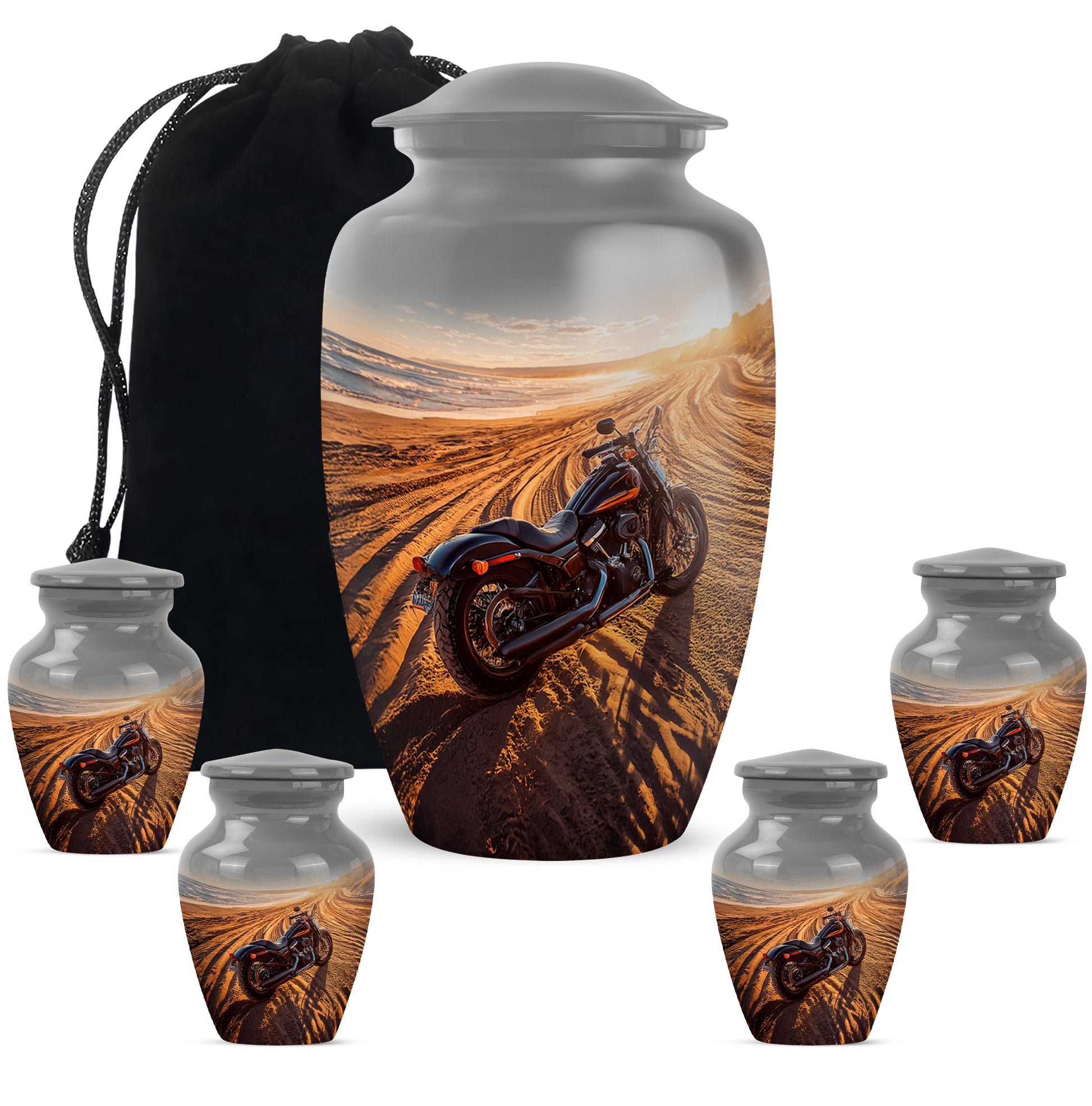 Ash Gray Bike Cremation Urn top-down view of secure threaded lid - elegant classic bike relief with fine detailing - memorial set with one large and four small urns