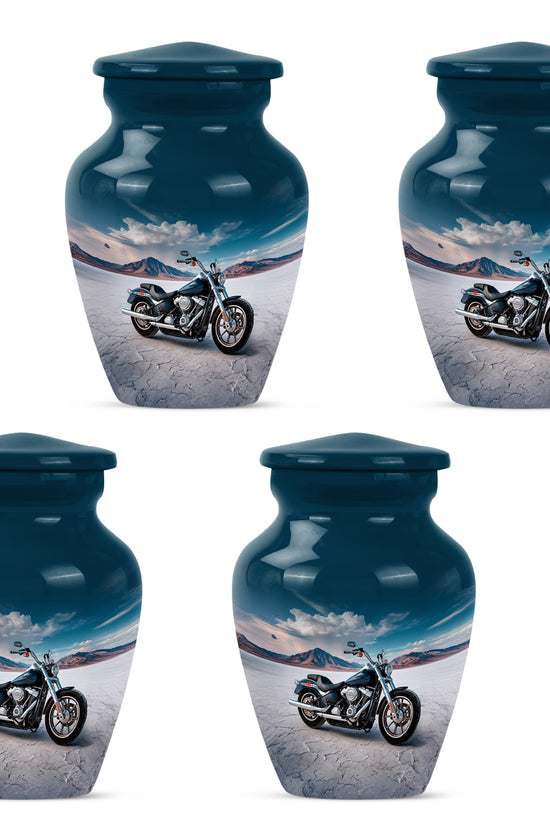 Royal Blue Bike Cremation Urn side profile showing urn shape - elegant classic bike relief with fine detailing - 10 inch aluminum urn for cremated remains