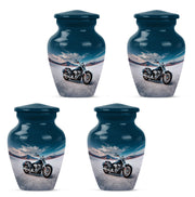 Royal Blue Bike Cremation Urn side profile showing urn shape - elegant classic bike relief with fine detailing - 10 inch aluminum urn for cremated remains