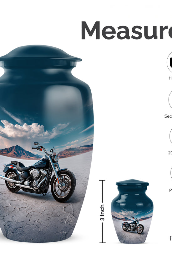 Cobalt Blue Bike Cremation Urn close-up of engraving and surface detail - traditional bike engraving with hand-polished finish - mini keepsake memorial for portion of cremation ashes