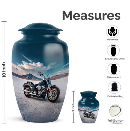 Cobalt Blue Bike Cremation Urn close-up of engraving and surface detail - traditional bike engraving with hand-polished finish - mini keepsake memorial for portion of cremation ashes