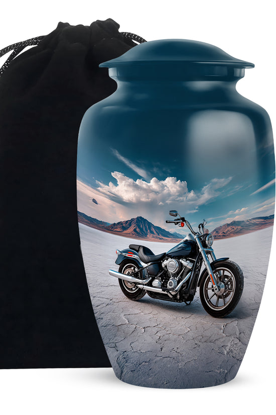 Royal Blue Bike Cremation Urn angled view of lid and engraved motif - traditional bike engraving with hand-polished finish - full-size 10 inch 200 cubic inch adult cremation urn