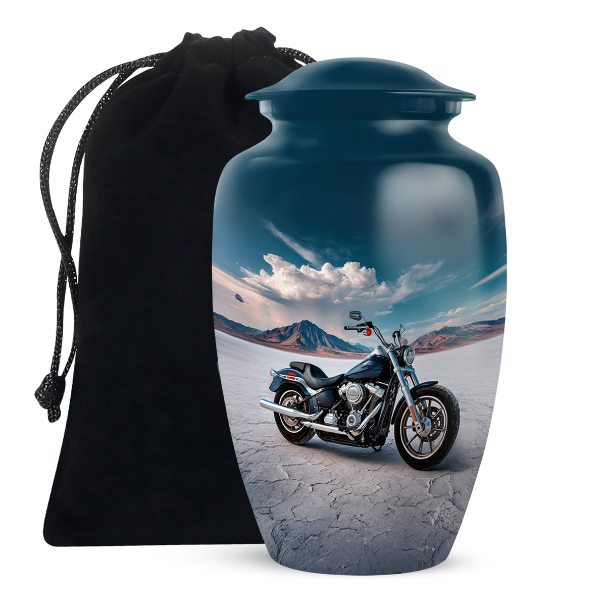 Royal Blue Bike Cremation Urn angled view of lid and engraved motif - traditional bike engraving with hand-polished finish - full-size 10 inch 200 cubic inch adult cremation urn