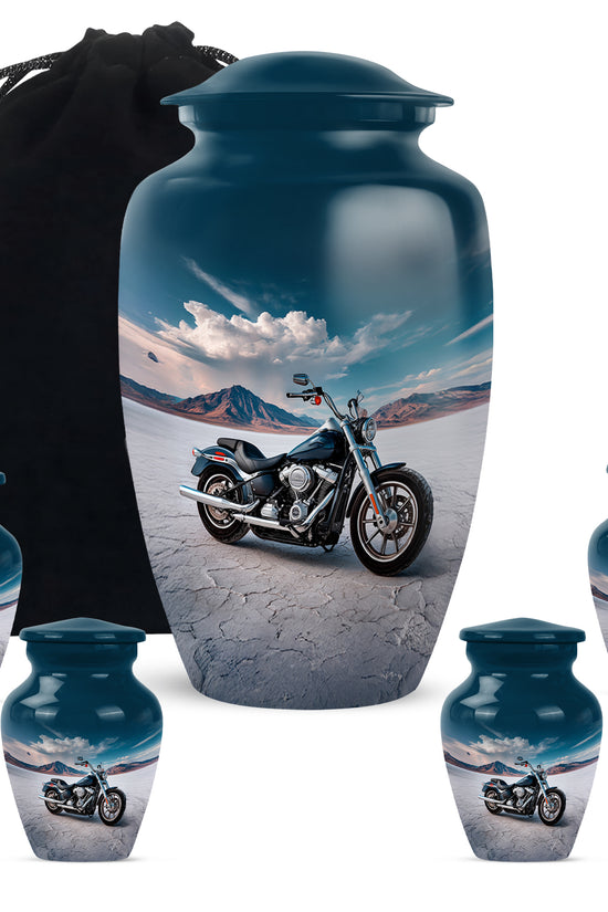 Icy Blue Bike Cremation Urn top-down view of secure threaded lid - timeless bike motif etched into premium metal - memorial set with one large and four small urns