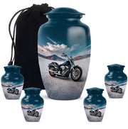 Icy Blue Bike Cremation Urn top-down view of secure threaded lid - timeless bike motif etched into premium metal - memorial set with one large and four small urns