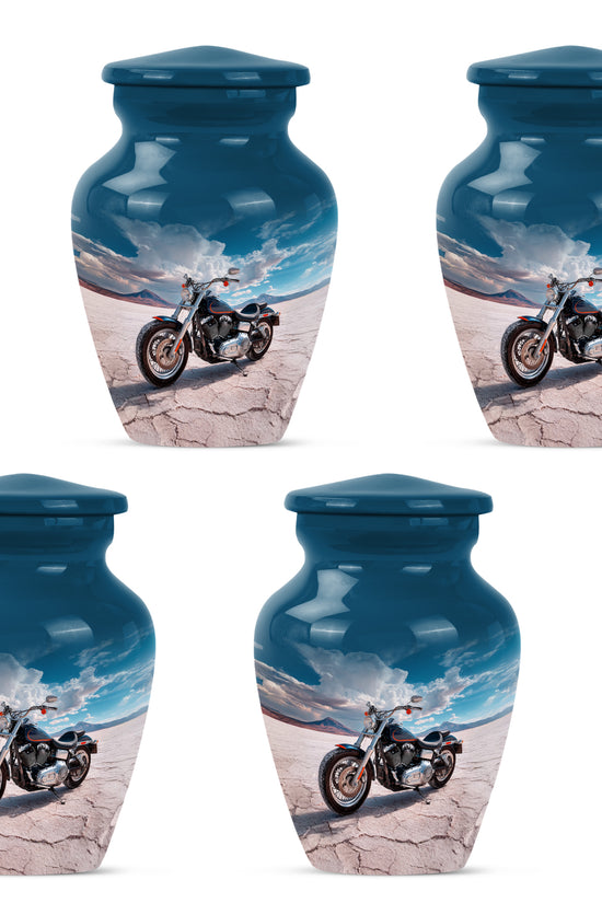 Serene Blue Bike Cremation Urn side profile showing urn shape - traditional bike engraving with hand-polished finish - 10 inch aluminum urn for cremated remains