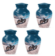Serene Blue Bike Cremation Urn side profile showing urn shape - traditional bike engraving with hand-polished finish - 10 inch aluminum urn for cremated remains
