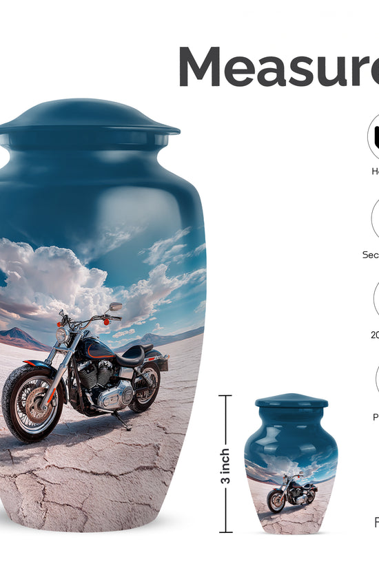 Calming Blue Bike Cremation Urn close-up of engraving and surface detail - elegant classic bike relief with fine detailing - mini keepsake memorial for portion of cremation ashes