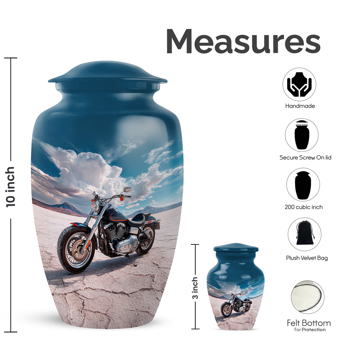 Calming Blue Bike Cremation Urn close-up of engraving and surface detail - elegant classic bike relief with fine detailing - mini keepsake memorial for portion of cremation ashes