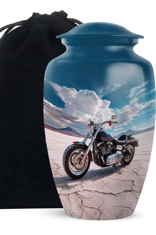 Azure Bike Cremation Urn angled view of lid and engraved motif - classic sculpted bike pattern on smooth aluminum - full-size 10 inch 200 cubic inch adult cremation urn