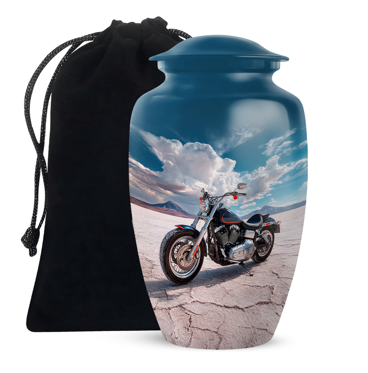 Azure Bike Cremation Urn angled view of lid and engraved motif - classic sculpted bike pattern on smooth aluminum - full-size 10 inch 200 cubic inch adult cremation urn