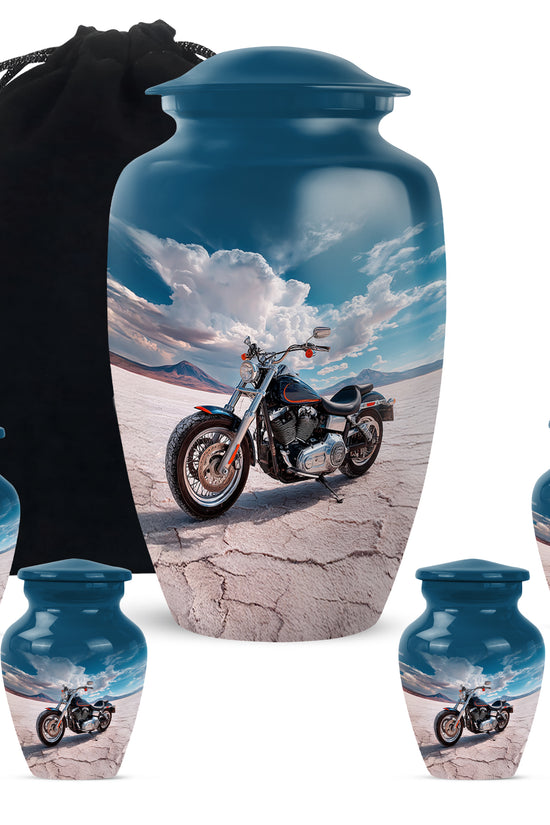 Navy Blue Bike Cremation Urn top-down view of secure threaded lid - timeless bike motif etched into premium metal - memorial set with one large and four small urns
