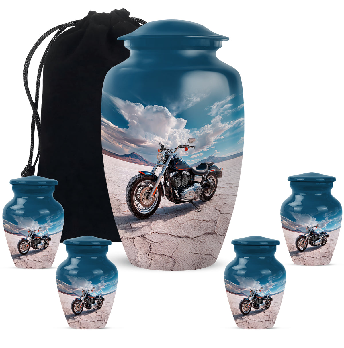Navy Blue Bike Cremation Urn top-down view of secure threaded lid - timeless bike motif etched into premium metal - memorial set with one large and four small urns