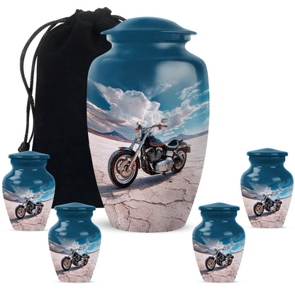 Navy Blue Bike Cremation Urn top-down view of secure threaded lid - timeless bike motif etched into premium metal - memorial set with one large and four small urns