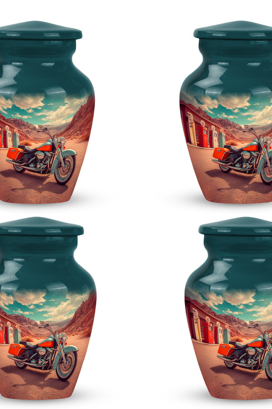 Sea Green Teal Bike Cremation Urn side profile showing urn shape - timeless bike motif etched into premium metal - 10 inch aluminum urn for cremated remains