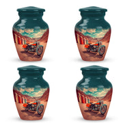 Sea Green Teal Bike Cremation Urn side profile showing urn shape - timeless bike motif etched into premium metal - 10 inch aluminum urn for cremated remains