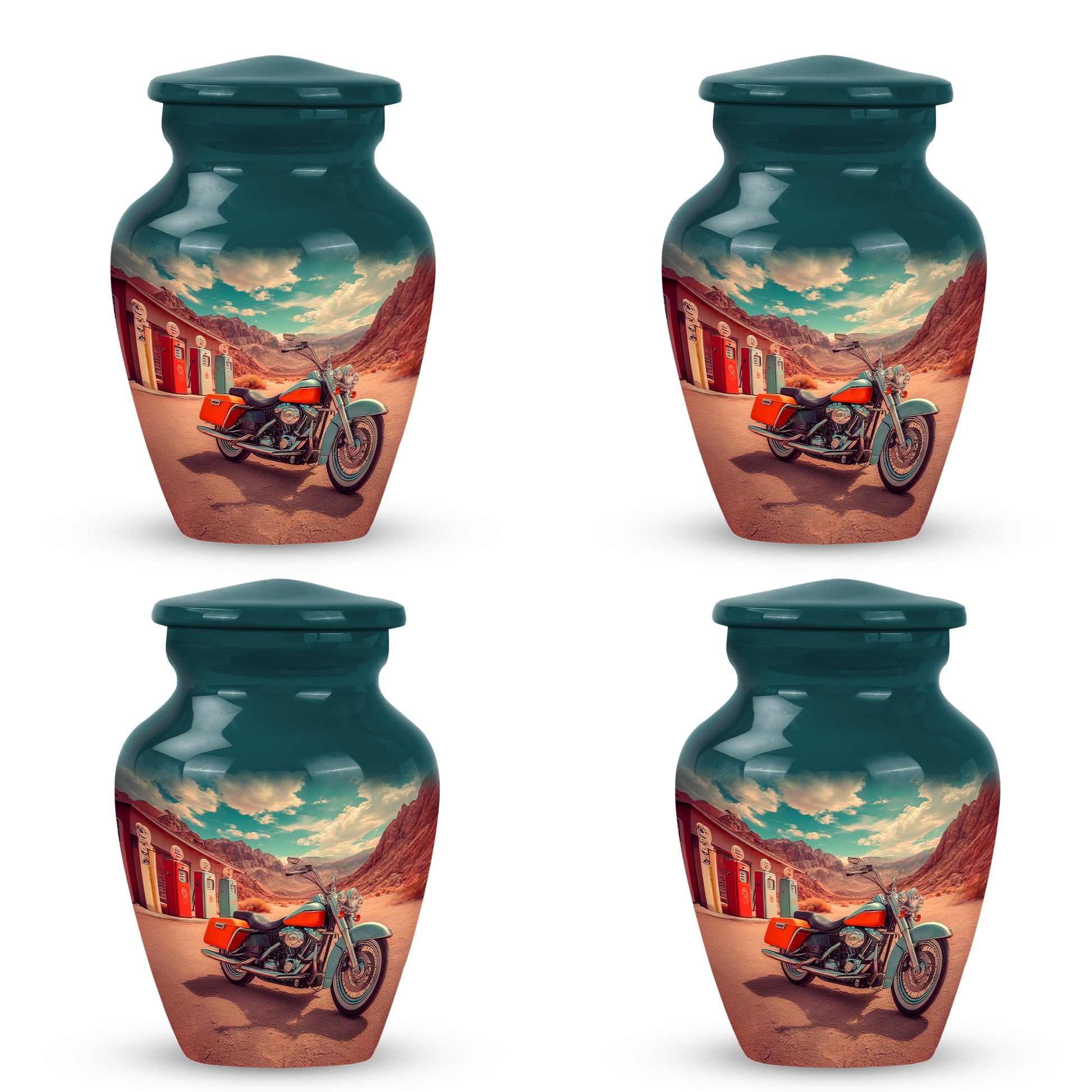 Sea Green Teal Bike Cremation Urn side profile showing urn shape - timeless bike motif etched into premium metal - 10 inch aluminum urn for cremated remains