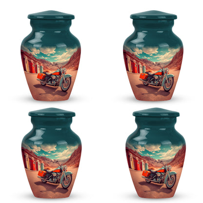 Sea Green Teal Bike Cremation Urn side profile showing urn shape - timeless bike motif etched into premium metal - 10 inch aluminum urn for cremated remains